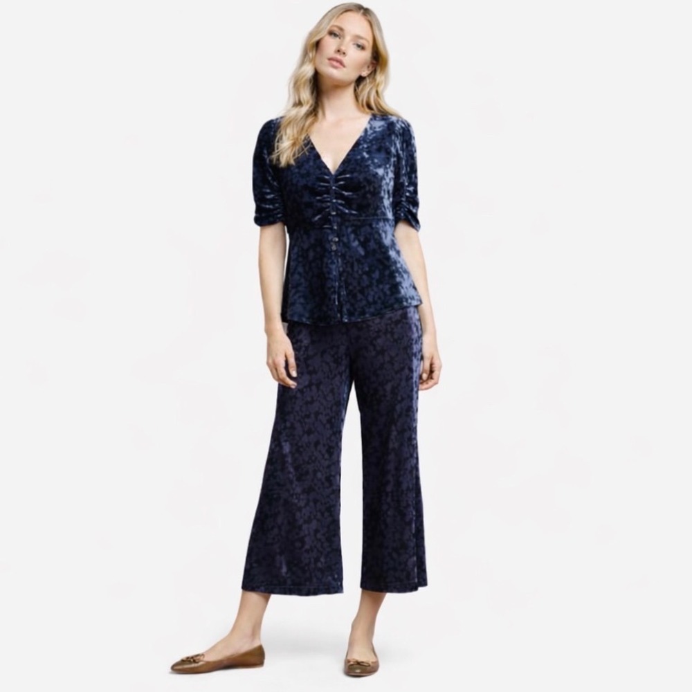 Maeve Anthropologie Velvet Set Women 2/4 Blue Wide Leg Pants Party Wedding Eveni